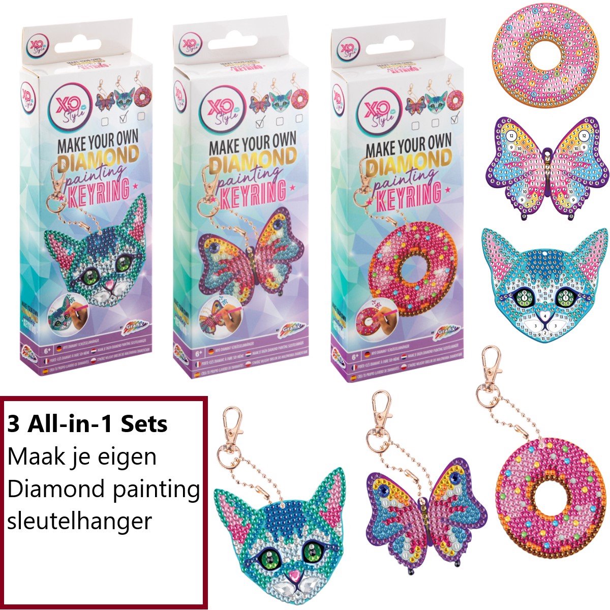 Grafix® Diamond Painting Sleutelhanger All-in-1 Set | 3 Stuks - Kat - Vlinder - Donut - Pakket Volwassenen - Accessoires  - Kinderen - Knutselen voor kinderen  - Pakket Volledig - Dieren